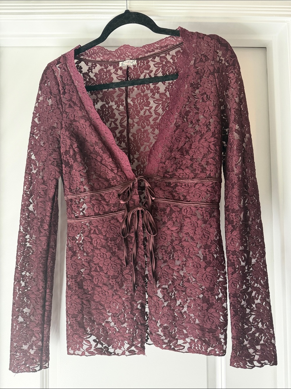 Free People Burgundy Lace Long-Sleeve Tie-Front Top